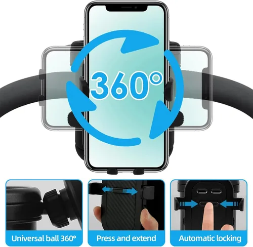Vista 5 de Portavasos universal 4 en 1 para cochecito con soporte de teléfono de 360°, soporte ajustable para bebidas y teléfono para cochecitos, sillas