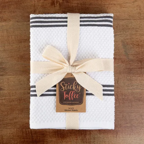 Vista 5 de Sticky Toffee Juego de 2 paños de cocina 100 % rizo de algodón, toallas de mano grises y blancas, toallas de té, paños de limpieza reutilizables