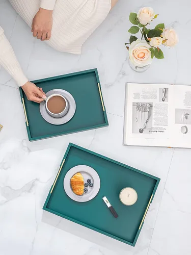 Vista 5 de Kanwone Bandeja decorativa, bandeja para servir de 13.6 x 9.8 pulgadas, bandeja otomana rectangular con asas de metal pulido dorado, bandejas