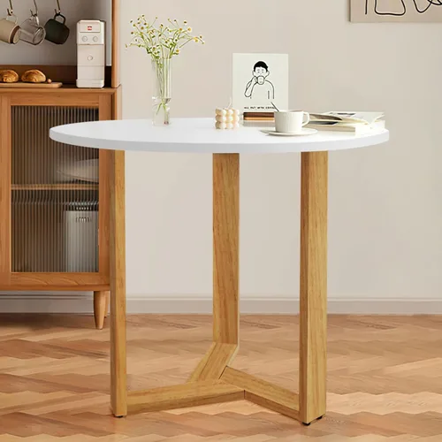 Vista 7 de KithKasa Mesa de comedor redonda blanca moderna de mediados de siglo de 31.5 pulgadas para 2-4, con patas de madera y mesa de MDF para espacio
