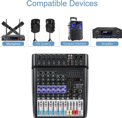 Vista 6 de Consola de Mezclador de Audio Profesional Bluetooth de 8 Canales para DJ, Grabación USB MP3, 6 Entradas XLR para Micrófono, 7 Bandas EQ, 48V Phantom