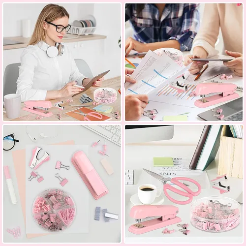Vista 3 de Grapadora rosa, suministros de oficina rosa, juego de accesorios de escritorio para mujer con grapadora, removedor de grapas y 1000 grapas, clips