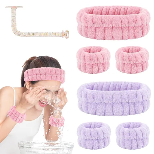 Vista 15 de CERETIA Juego de lavado facial – diadema, pulseras con soporte, toallas de muñeca de spa absorbentes de microfibra