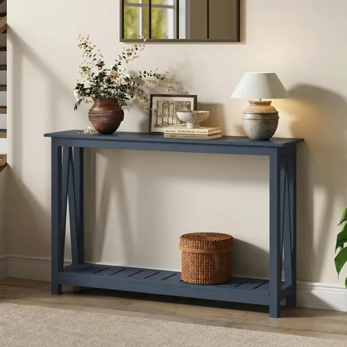 Vista 7 de ChooChoo Mesa de Consola para Entrada, Mesas de Sofá para Sala de Estar Estilo Granja, Mesa Estrecha para Pasillo y Vestíbulo con Estante, Negro