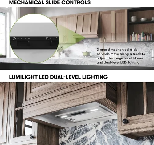 Vista 4 de Zephyr Campana extractora de inserción de 21 pulgadas, 400 CFM, potencia de 3 velocidades, ventilador Tornado, mini toldo de ventilación integrado