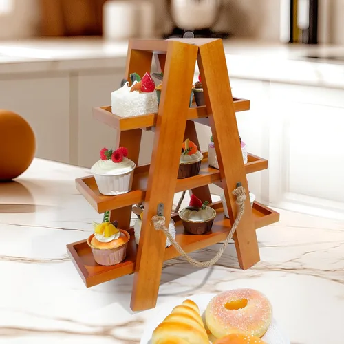 Vista 2 de Tnstbiee Soporte para cupcakes de 3 niveles, soporte de exhibición de madera para postres, frutas, frutos secos, queso, bandejas extraíbles