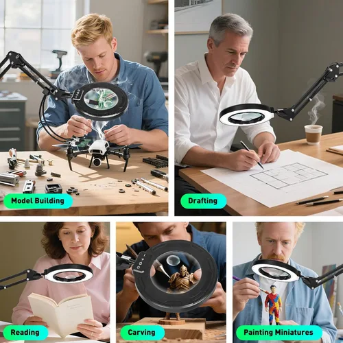 Vista 9 de Lupa ultra larga de 3 secciones con brazo oscilante de 3 secciones con luz y soporte, lámpara de aumento de manos de ayuda de 5 colores, abrazadera