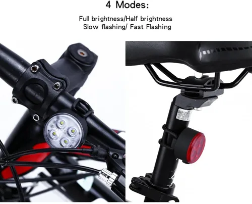 Vista 4 de 2 unids USB recargable bicicleta luz, luces de bicicleta para montar por la noche alto brillo modo de iluminación ajustable bicicleta montaña