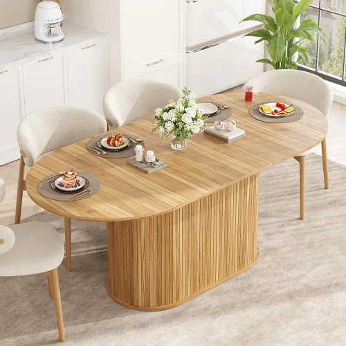 Vista 21 de WILLIAMSPACE Mesa de comedor de madera, mesa de cocina redonda extensible, mesa de comedor retro para 4 a 6, mesa de comedor rústica para comedor