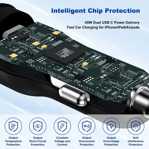 Vista 2 de Cargador de coche para iPhone 14 13, [certificado Apple MFi] Adaptador rápido USB C de 45 W de doble puerto USB C para automóvil con cable Lightning