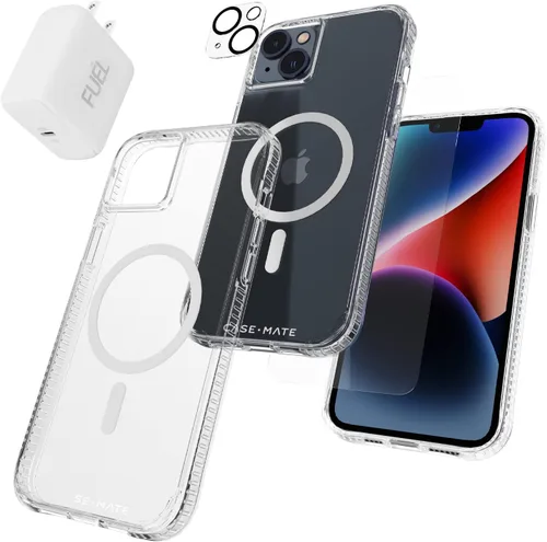 Vista 9 de Case-Mate [Paquete de protección 4 en 1, funda para iPhone 14 Plus (transparente), vidrio templado, protector de lente y cargador USB C de 30 W Claro