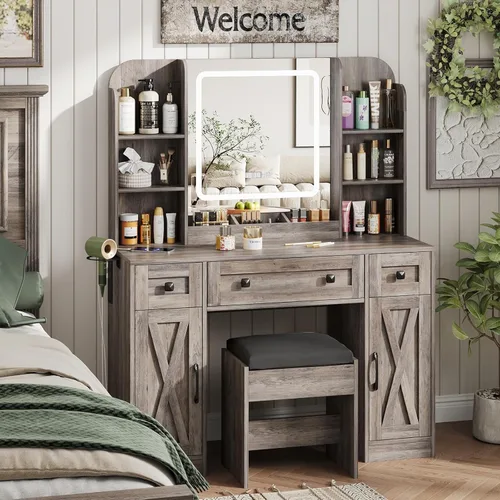 Vista 11 de Vabches Escritorio de tocador de maquillaje, espejo de tocador con luces, escritorio y silla, mesa de maquillaje con 3 cajones grandes y 2