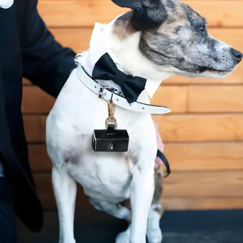 Vista 3 de NICEDREAM Bolsa de soporte de anillo de boda con inicial personalizada para collar de perro Soporte de caja de anillo de boda de cuero