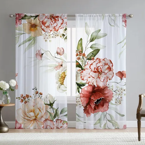 Vista 9 de Cortinas de hojas de eucalipto verdes para sala de estar de 63 pulgadas de largo, juego de 2 paneles elegantes de flores silvestres con estampado