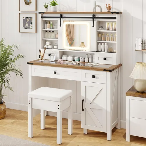 Vista 13 de CHARMAID Escritorio de Tocador Blanco con Espejo Deslizante Estilo Granero y Luces, Escritorio de Tocador de Maquillaje con Superficie de Vidrio