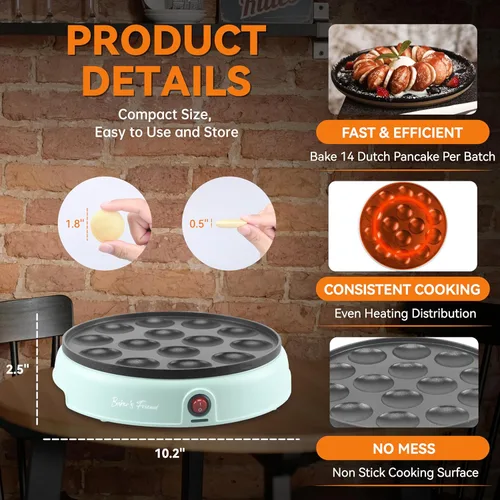 Vista 3 de Baker's Friend Mini máquina para hacer panqueques, mini plancha holandesa para panqueques, sartén eléctrica Poffertjes de 14 cavidades, ideal