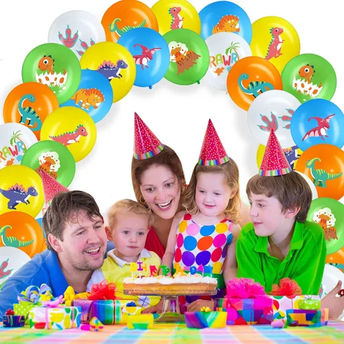 Vista 7 de Zomiboo 40 globos de dinosaurio de látex para fiesta de cumpleaños, globo de cumpleaños de dinosaurio colorido de 12 pulgadas, decoración temática