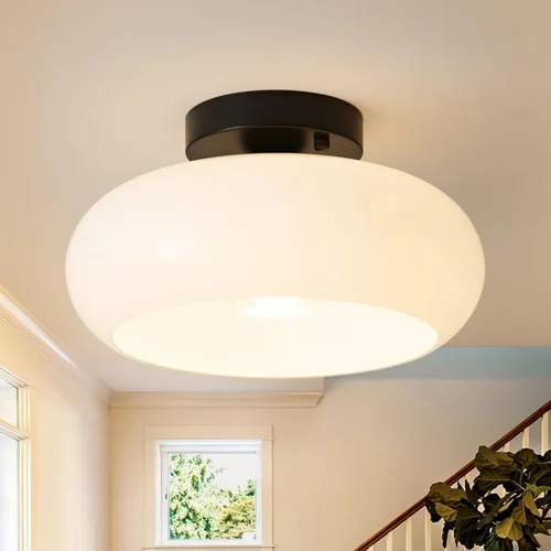 Vista 10 de Lámpara de techo semiempotrada, moderna de mediados de siglo con pantalla de vidrio de leche, lámpara de techo vintage de 8.66 pulgadas