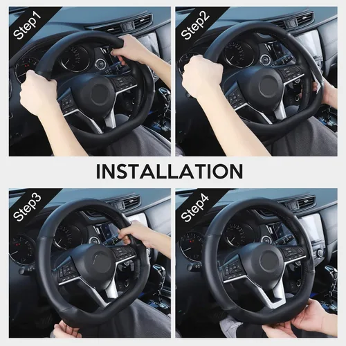 Vista 5 de SEG Direct Funda para volante de coche con fondo plano, forma D, 14 1/2-15 pulgadas (37-39 cm), cuero de microfibra negro