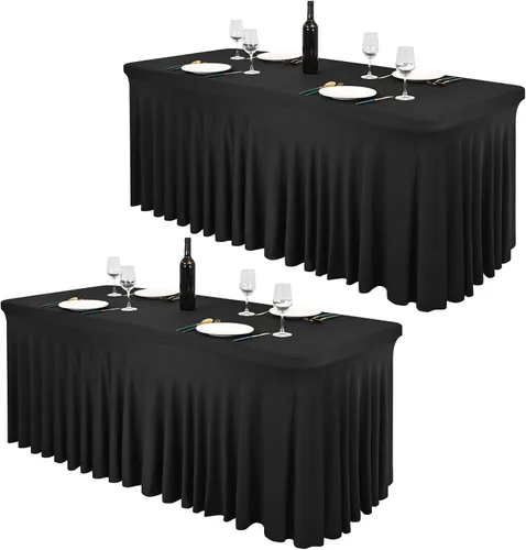 Pesonlook Paquete de 2 faldas de mesa de elastano para mesas rectangulares de 6 pies, mantel elástico ajustable color negro, de 30 x 72 pulgadas,