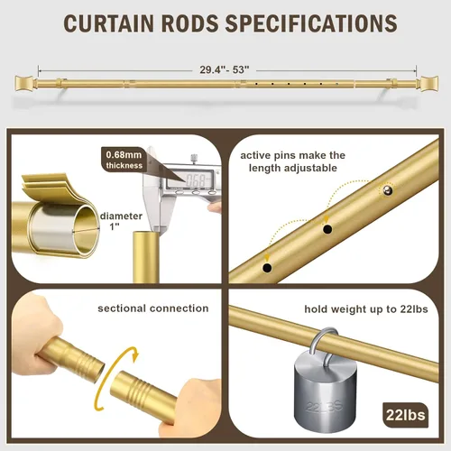 Vista 3 de Gold Curtain Rods, Adjustable Curtain Rod For Windows 43 to 51 Inches, 1 Inch Diameter Single Window Rods, Heavy Duty Curtain Rods, Decorative