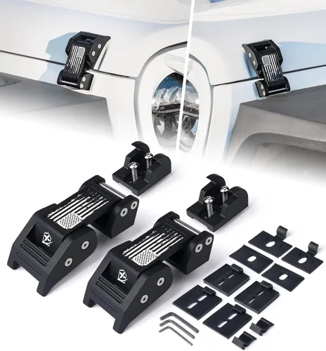 Vista 12 de Xprite Manijas de capó ajustables de aluminio morado con bandera de EE. UU., juego de cierres de capó compatibles con Jeep Wrangler JK JKU 2007-2018