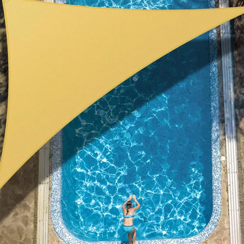 Vista 5 de Toldo triangular de 5 x 5 x 5 pies, toldo de tela con bloqueo UV para patio al aire libre y jardín, 185 GSM, 95% de bloqueo UV, resistente, Amarillo