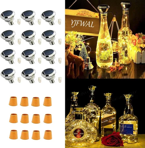 Vista 8 de YJFWAL Paquete de 12 luces solares mejoradas para botellas de vino, 20 luces LED impermeables de cobre, luces de cadena de corcho para decoración