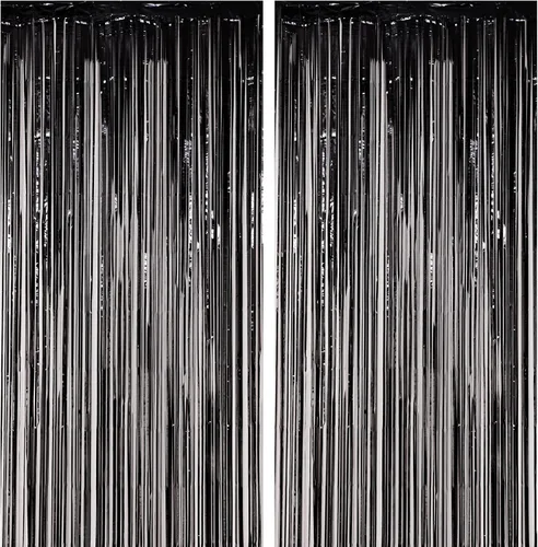 Voircoloria Paquete de 2 Cortinas de Fondo de Flecos de Papel Aluminio Negro, Serpentinas de Oropel Decoraciones de Fiesta de Cumpleaños, Telón de