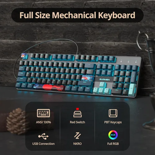 Vista 3 de Teclado mecánico de tamaño completo, teclado cremoso con teclado numérico, teclado para juegos con cable de 104 teclas con interruptor rojo