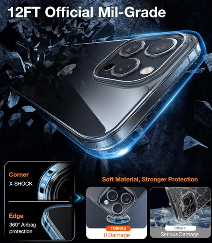 Vista 4 de TORRAS Funda Transparente Cristalina para iPhone 16 Pro, Ultra-Delgada [No Amarillea] [Protección Militar] Ajuste Delgado Funda de Silicona TPU