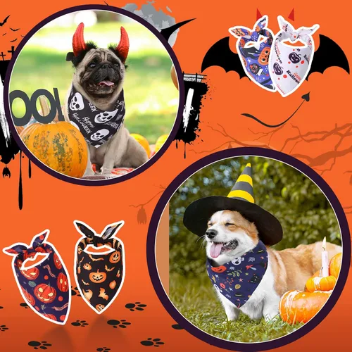 Vista 5 de Xuniea Paquete de 50 bandanas de Halloween para perro, bufanda grande para perro, pañuelo, accesorios para cachorros medianos y pequeños