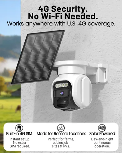 Vista 2 de Cámara de Seguridad Celular Solar 4G LTE Inalámbrica para Exteriores, Cámara Solar Alimentada sin WiFi con Tarjeta SIM Integrada y Plan de Datos
