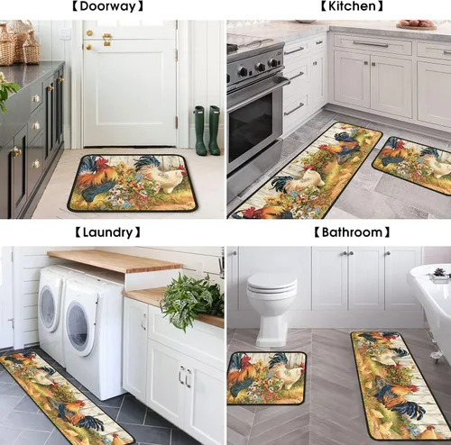 Vista 5 de OUXIOAZ Alfombras y tapetes de cocina de gallo antideslizantes, lavables, absorbentes, de microfibra, para el suelo, antifatiga, juego de 2 gallo