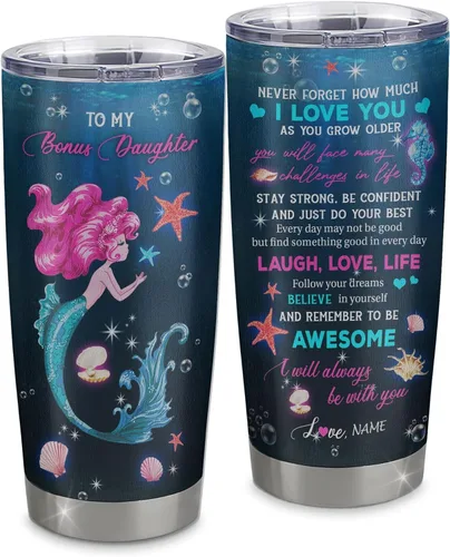 Vista 20 de Vaso de acero inoxidable personalizado con texto en inglés «To My Bonus Daughter From Stepmom», vaso curvado de 20 onzas con diseño de girasol