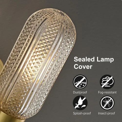 Vista 5 de Apliques de pared de latón cepillado, apliques de vidrio doble moleteado de 12.3 pulgadas, aplique dorado de 2 luces, luces de pared para sala