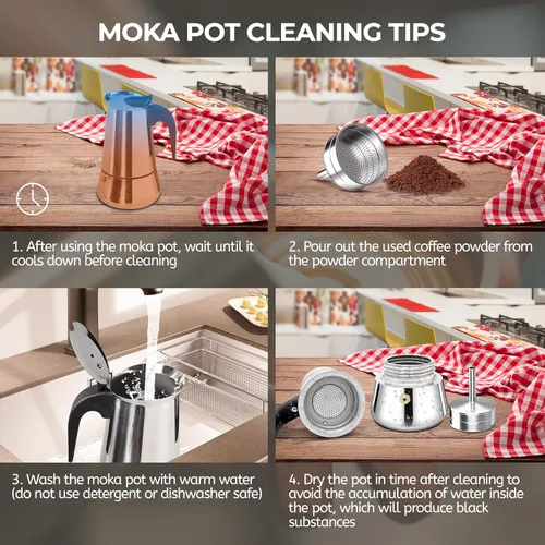 Vista 8 de 2 tazas de 3.4 fl oz Moka Pot de acero inoxidable, cafetera de café expreso para estufa, cafetera de estilo clásico italiano, Greca, Cafetera