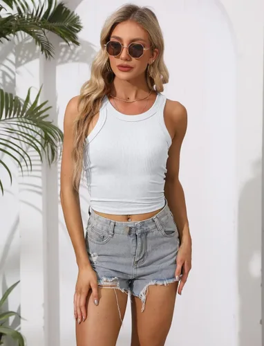 Vista 2 de Camiseta sin mangas con espalda cruzada para mujer, básica, cuello redondo, punto acanalado, ajustadatúnica