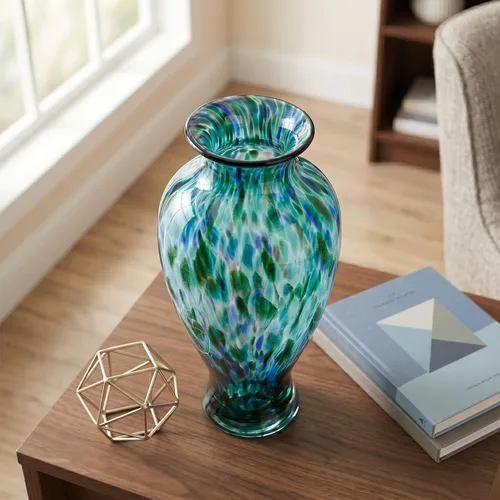 Vista 6 de Jarrón de vidrio soplado a mano de 11.8 pulgadas de alto, hermoso jarrón de boca ancha para centro de mesa, floreros pintados de vidrio de Murano