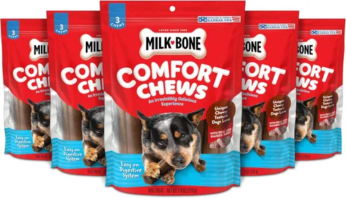 Vista 14 de Milk-Bone Mini Comfort Chews, golosinas sin piel para perros con textura masticable única y carne de vacuno real, 18 mini golosinas (paquete de 4)