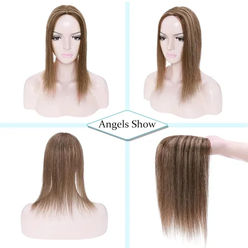 Vista 5 de SEGO Toppers para el cabello para mujer, cabello humano real con flequillo, densidad del 130%, base de seda, 100% cabello humano Remy, clip