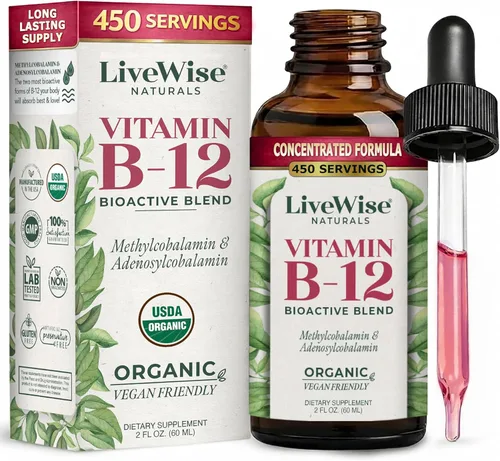 Vista 11 de LiveWise Naturals Gotas orgánicas de vitamina B12 – Metilcobalamina líquida y adenosilcobalamina para energía, concentración, claridad – Vegano, sin
