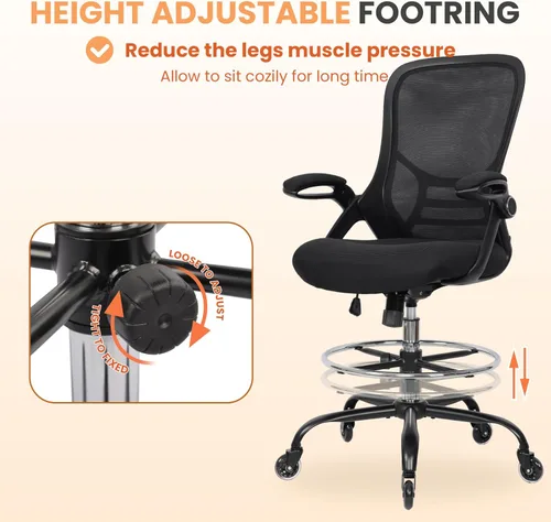 Vista 7 de HYLONE Silla de dibujo ajustable, silla de oficina alta, soporte lumbar, silla de escritorio ergonómica de pie, taburete de dibujo alto resistente