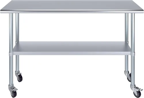 Vista 2 de AmGood Mesa de trabajo de acero inoxidable de 18 x 60 pulgadas con ruedas Mesa móvil de metal Preparación de alimentos