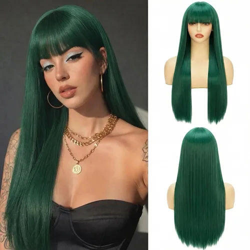 Vista 10 de Peluca larga rubia con flequillo, peluca larga y recta para mujer, peluca sintética de cosplay sin encaje, aspecto natural, disfraz rojo, pelucas