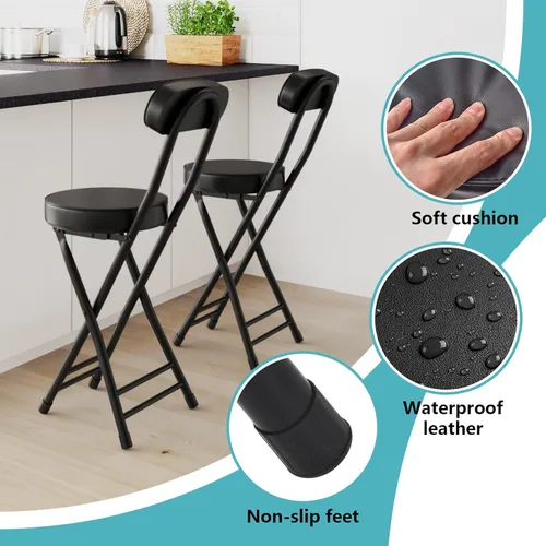 Vista 5 de Taburete plegable, taburete de bar plegable acolchado acolchado, 24 pulgadas de altura negra, taburete portátil resistente con capacidad de 300