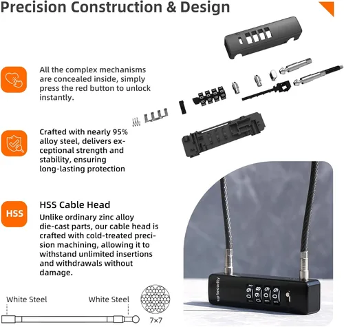 Vista 4 de Candado de cable con código, cerradura de combinación de 4 dígitos para puerta de valla al aire libre, equipaje de viaje, candado combinado de Negro