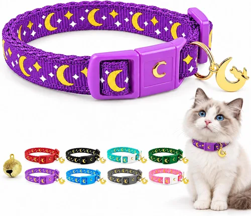 Vista 15 de waaag - Collar de seguridad para gato, con diseño de lunas y estrellas doradas, brilla en la oscuridad Aguamarina