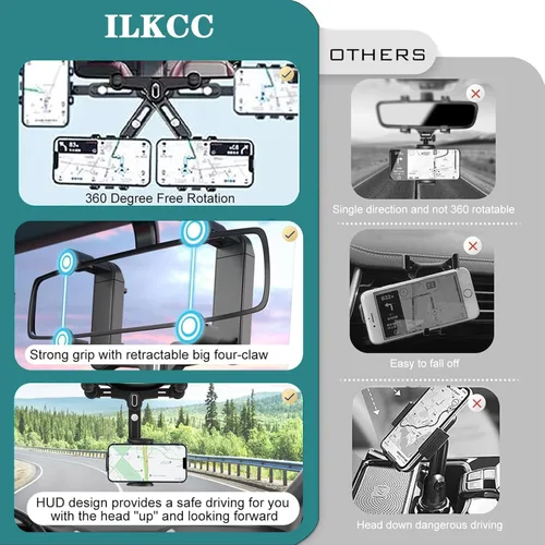 Vista 6 de ILKCC Soporte de teléfono para espejo retrovisor para automóvil, giratorio de 360° y retráctil multifuncional soporte de teléfono de visión trasera