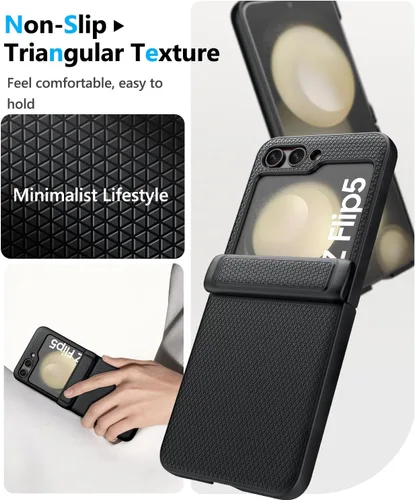 Vista 7 de Vihibii Funda para Samsung Galaxy Z Flip 5 con protección de bisagra y protector de pantalla exterior, delgada y ajustada, textura elegante, Negro